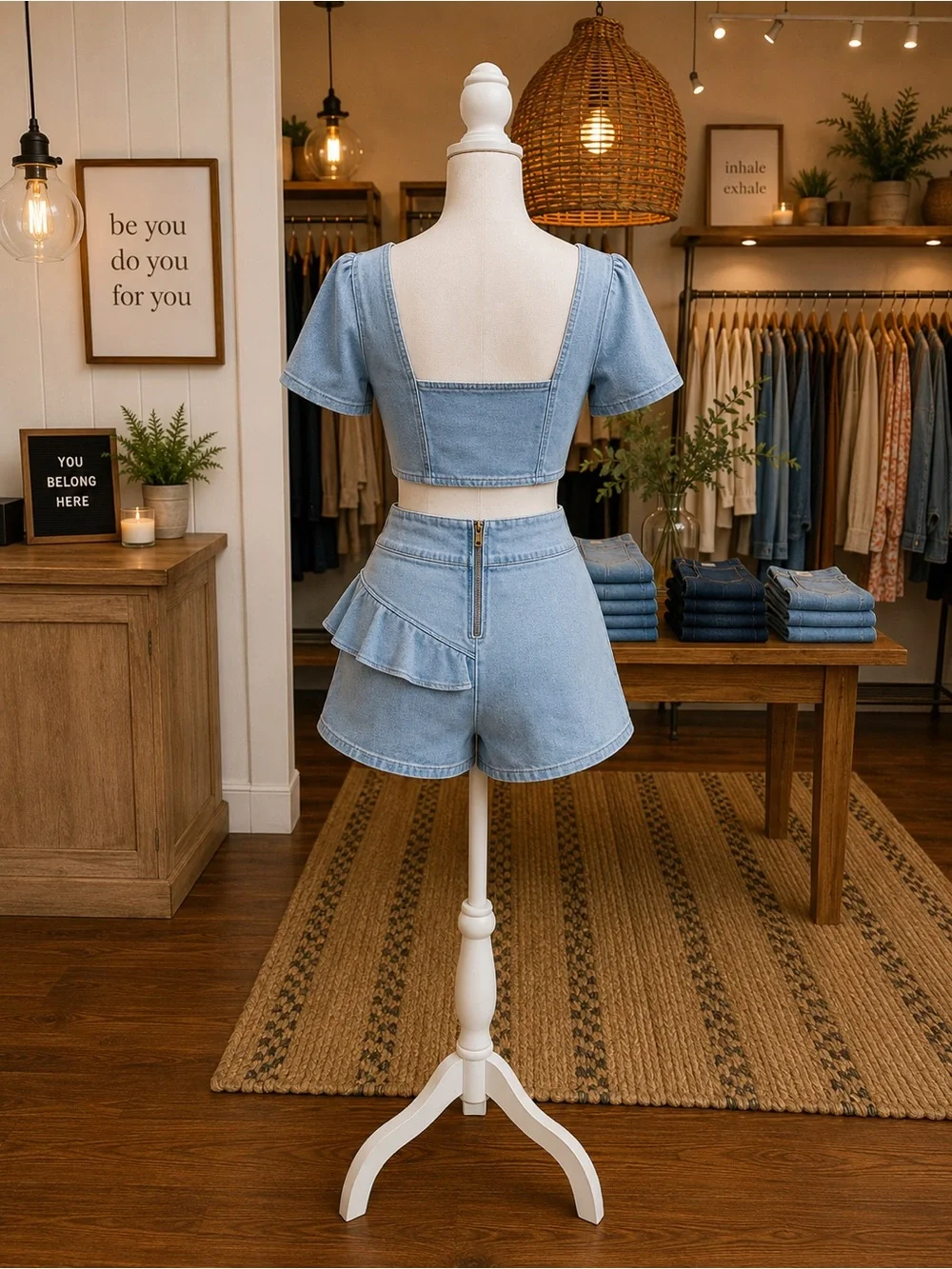 Melrose With Love Denim Bustier Crop Top & Ruffle Skort Set NWT S M L